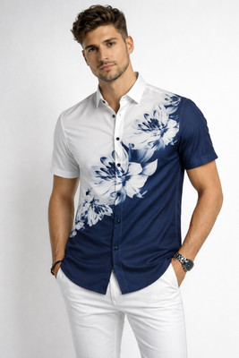 Hashtag Fashion Men Floral Print, Color Block Casual White, Blue Shirt