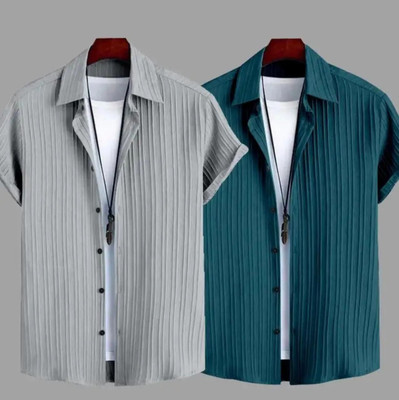 VRLOOKS Men Self Design Casual Grey, Blue Shirt(Pack of 2)
