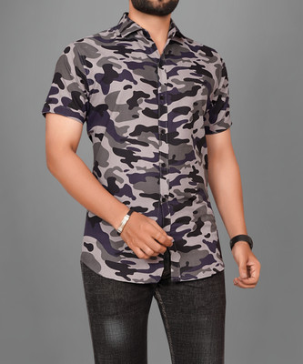 Clusy Men Military Camouflage Casual Grey Shirt