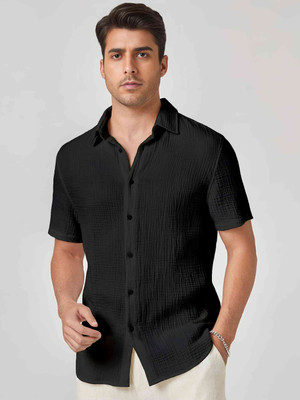 VODPROS Men Self Design Casual Black Shirt