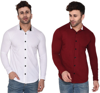 GEUM Men Solid Casual White, Maroon Shirt(Pack of 2)