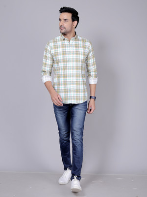 KAISERMEN Men Checkered Casual Beige Shirt