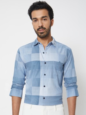 MUFTI Men Checkered Casual Blue Shirt