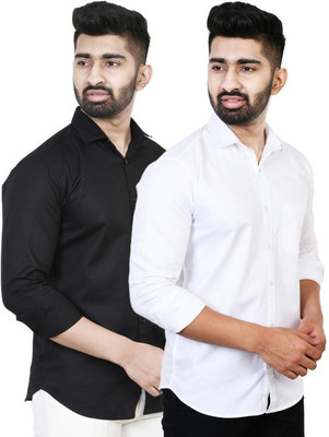 HouseOfCommon Men Solid Casual White, Black Shirt(Pack of 2)