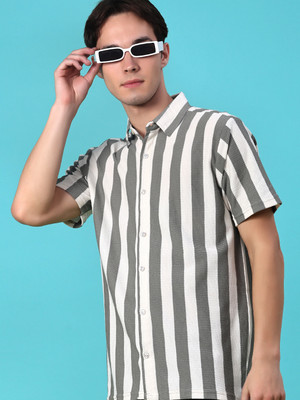 V-MART Men Striped Casual Grey, White Shirt