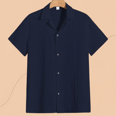 A DEEMOON TREND Men Self Design, Striped Casual Dark Blue Shirt
