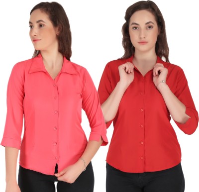 Giggles Women Solid Casual Red, Pink Shirt(Pack of 2)