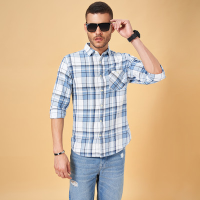 SF Jeans by Pantaloons Men Checkered Casual Light Blue, White, Grey Shirt