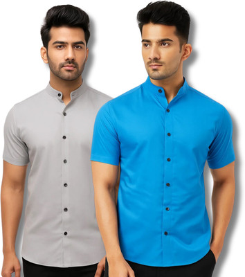 ModeNex Men Solid Casual Grey, Blue Shirt(Pack of 2)