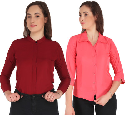 Mamnoon Women Self Design Formal Red, Pink Shirt(Pack of 2)