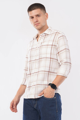 OFFSHADE Men Checkered Casual Beige Shirt