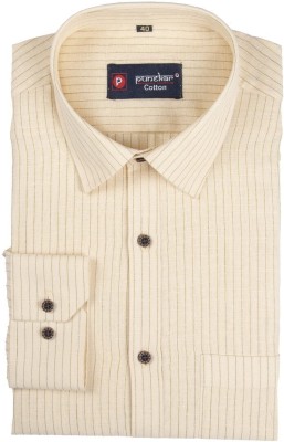 Punekar Cotton Men Striped Casual Cream, Light Green Shirt