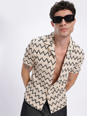 Glitchez Men Self Design Casual Beige Shirt