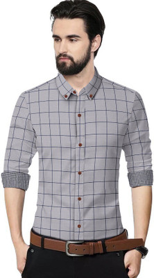 P & V Creations Men Checkered Casual Grey Shirt