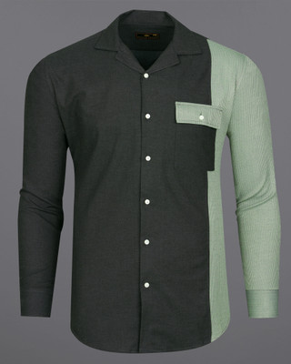 french crown Men Color Block Casual Dark Green, Light Green Shirt