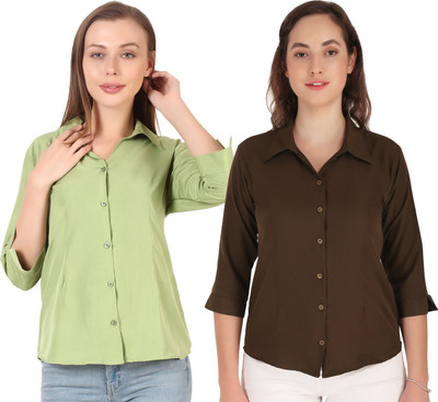 Hunoor Women Solid Casual Brown, Light Green Shirt(Pack of 2)