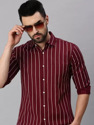RODEIZ Men Striped Casual Maroon, White Shirt
