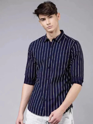 DOMINATE LIFESTYLE Men Striped Casual Dark Blue, White Shirt