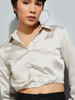 MAX Women Solid Casual Beige Shirt