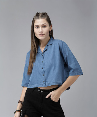 Roadster Women Solid Casual Blue Shirt