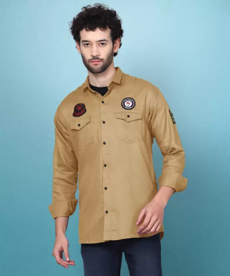 Black Deer Men Embroidered Casual Beige Shirt