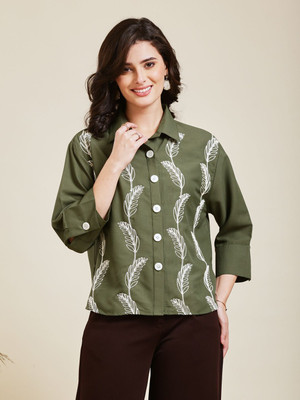 J TURRITOPSIS Women Embroidered Casual Dark Green Shirt