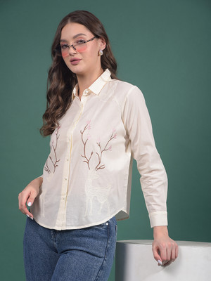 CRIMSOUNE CLUB Women Embroidered Casual Cream Shirt
