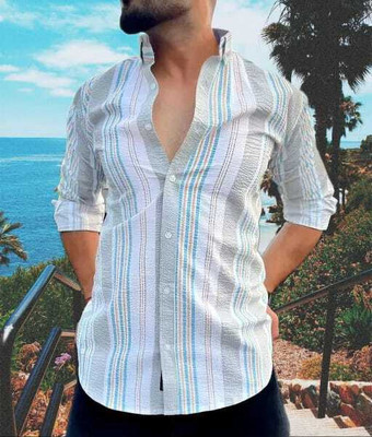HEJAMAA CREATION Men Striped Casual White Shirt