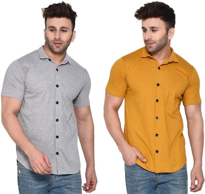 GEUM Men Self Design, Solid Casual Grey, Yellow Shirt(Pack of 2)