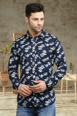 LIBOZA Men Geometric Print Casual Dark Blue, Beige, Blue Shirt