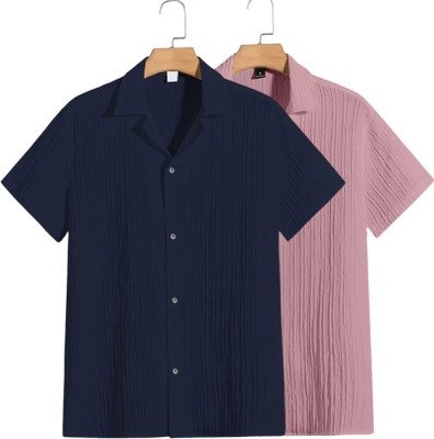 METRONAUT Men Self Design Casual Dark Blue, Pink Shirt(Pack of 2)