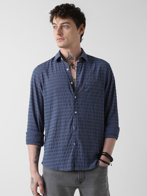 VASTRADO Men Striped Casual Dark Blue Shirt