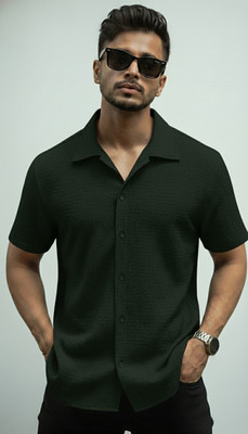 ZONANZA Men Solid, Striped Casual Dark Green Shirt