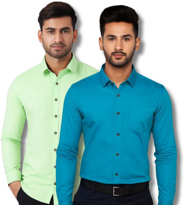 EchoWear Men Solid Casual Light Green, Blue Shirt(Pack of 2)
