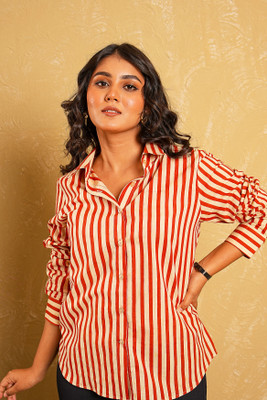 Akaay Stories Women Striped Casual Beige Shirt