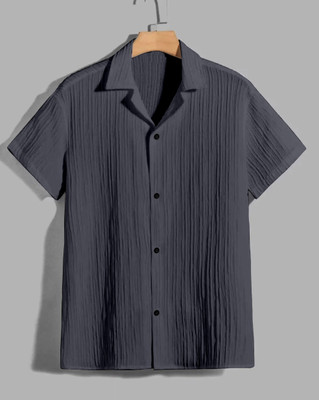 VK Couture Men Striped Casual Grey Shirt