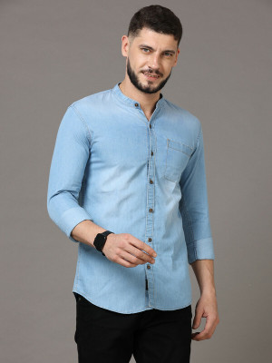 ZHAO Men Washed Casual Light Blue Shirt