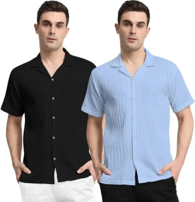METRONAUT Men Self Design Casual Black, Light Blue Shirt(Pack of 2)