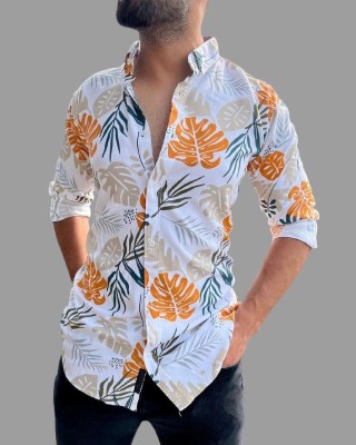 Khodalchoru Men Printed Casual Orange, White Shirt