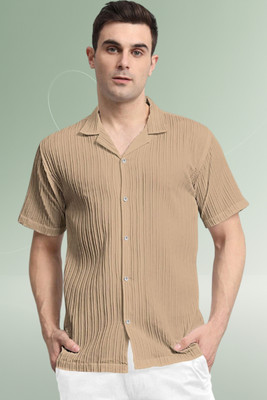 A DEEMOON TREND Men Self Design Casual Cream Shirt