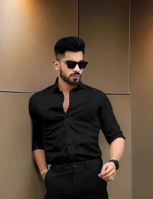 MOONBELL Men Solid Casual Black Shirt