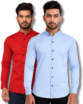 ClothTheory Men Solid Casual Red, Light Blue Shirt(Pack of 2)
