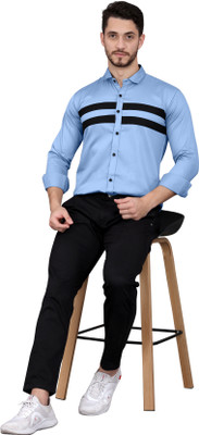 GAZZY CREATION Men Striped Casual Blue Shirt