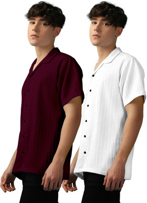 OXXOM Men Self Design Casual Maroon, White Shirt(Pack of 2)