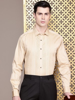 House of Pataudi Men Self Design Formal Beige Shirt