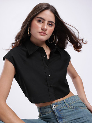 Glitchez Women Solid Casual Black Shirt
