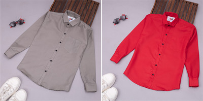 THELAZZOLICA Boys Solid Casual Grey, Red Shirt