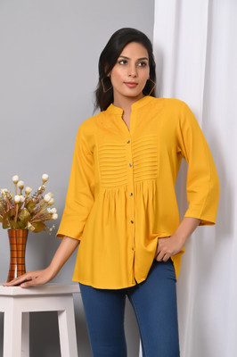 IQRAAR Women Self Design Casual Yellow Shirt