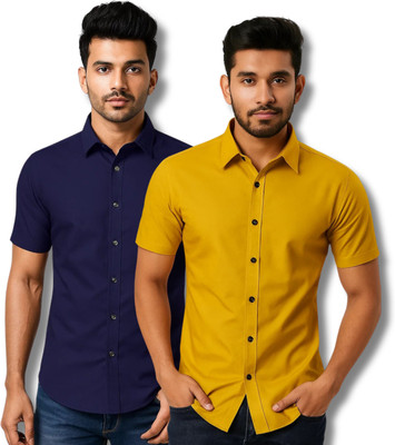 RAREMARK Men Solid Formal Dark Blue, Yellow Shirt(Pack of 2)