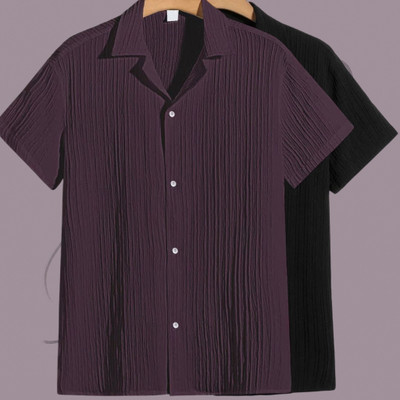 Looksky Men Self Design Casual Purple, Black Shirt(Pack of 2)